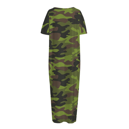 Dark Green And Black Camouflage Print Short Sleeve Long Nightdress
