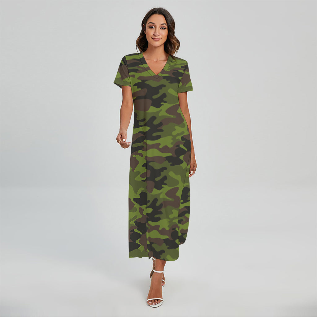 Dark Green And Black Camouflage Print Short Sleeve Maxi Dress