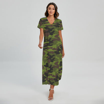 Dark Green And Black Camouflage Print Short Sleeve Maxi Dress