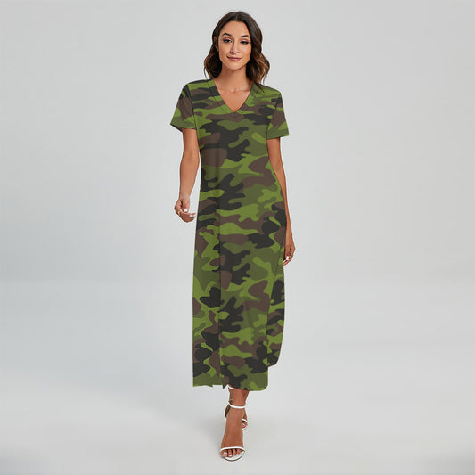Dark Green And Black Camouflage Print Short Sleeve Maxi Dress