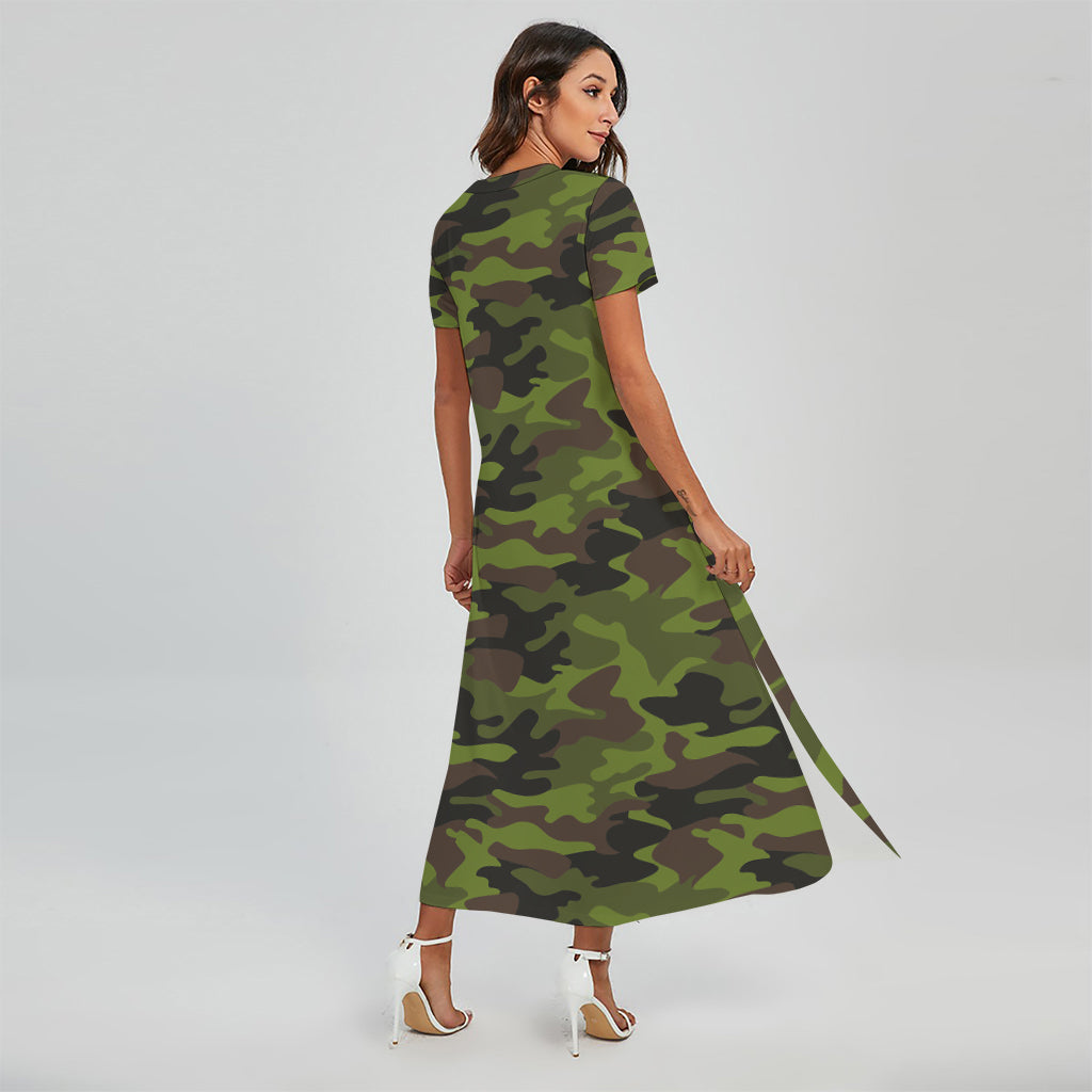 Dark Green And Black Camouflage Print Short Sleeve Maxi Dress