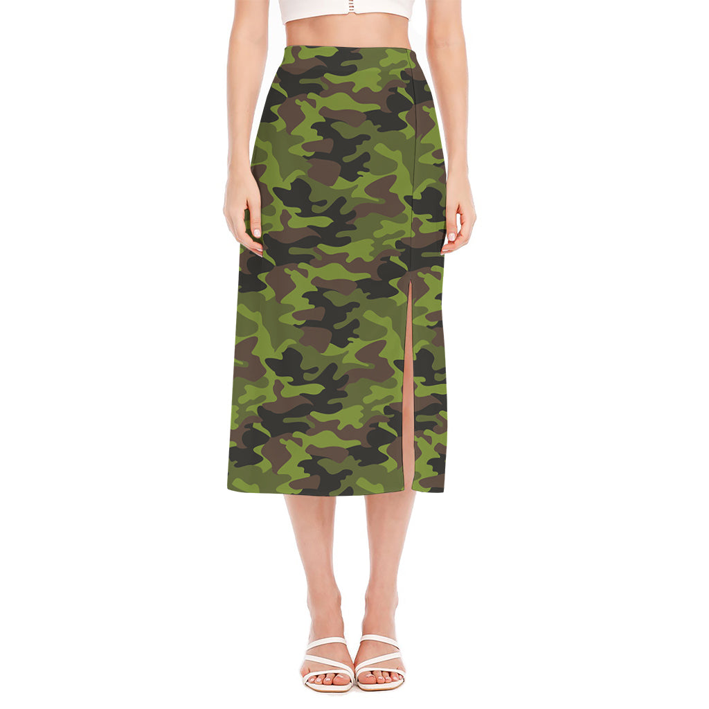 Dark Green And Black Camouflage Print Side Slit Midi Skirt