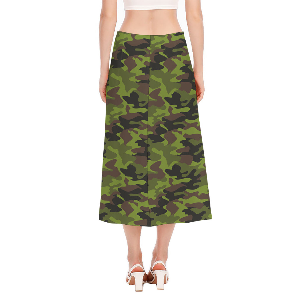 Dark Green And Black Camouflage Print Side Slit Midi Skirt