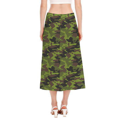 Dark Green And Black Camouflage Print Side Slit Midi Skirt