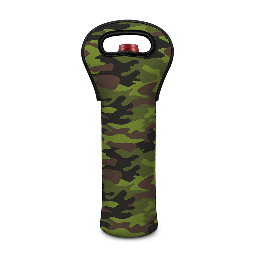Dark Green And Black Camouflage Print Single Neoprene Wine Tote