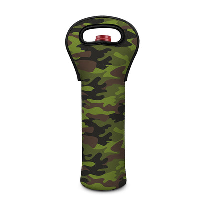 Dark Green And Black Camouflage Print Single Neoprene Wine Tote