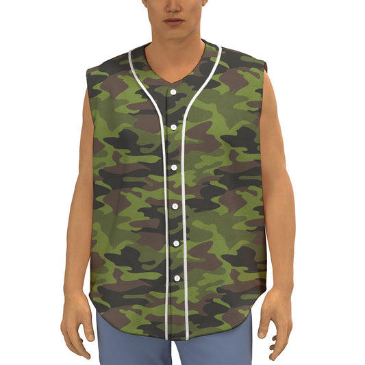 Dark Green And Black Camouflage Print Sleeveless Baseball Jersey