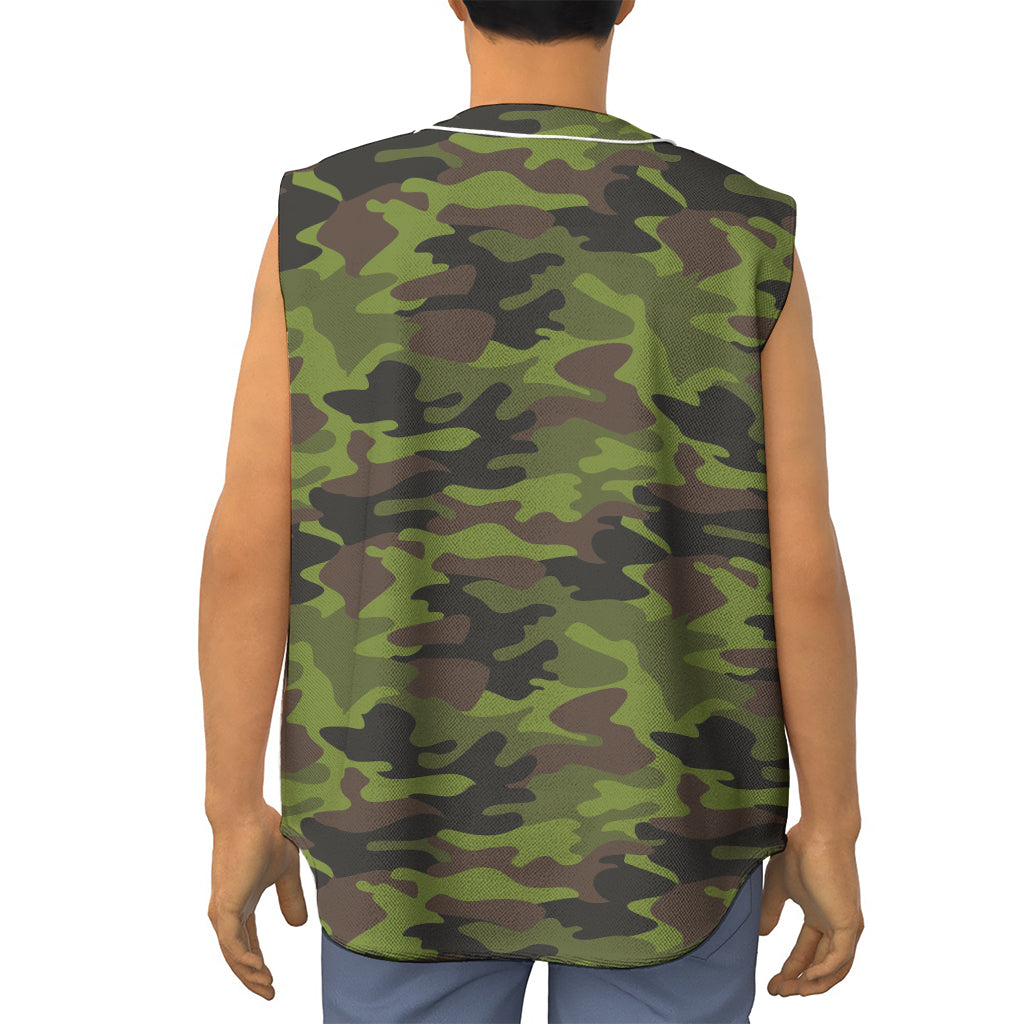 Dark Green And Black Camouflage Print Sleeveless Baseball Jersey
