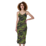 Dark Green And Black Camouflage Print Slim Fit Midi Cami Dress