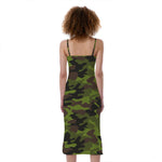 Dark Green And Black Camouflage Print Slim Fit Midi Cami Dress