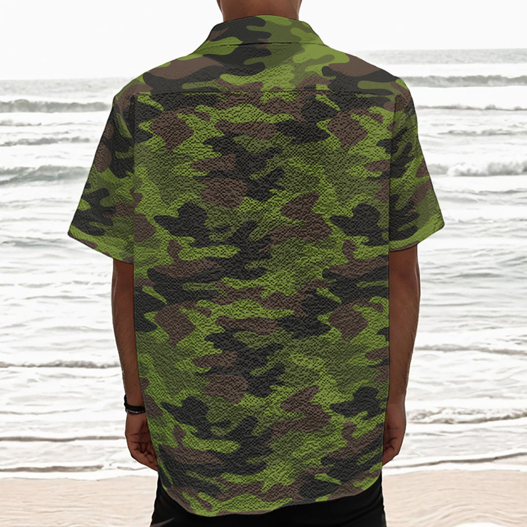 Dark Green And Black Camouflage Print Textured Short Sleeve Shirt