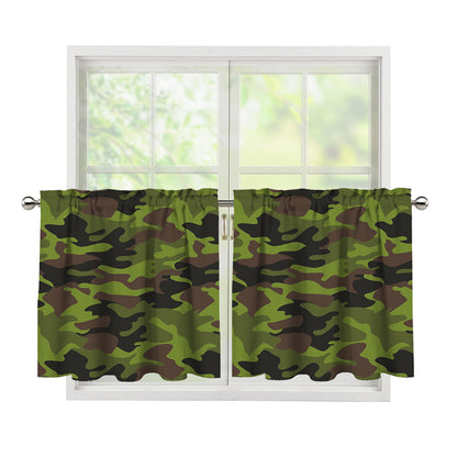 Dark Green And Black Camouflage Print Tier Curtains