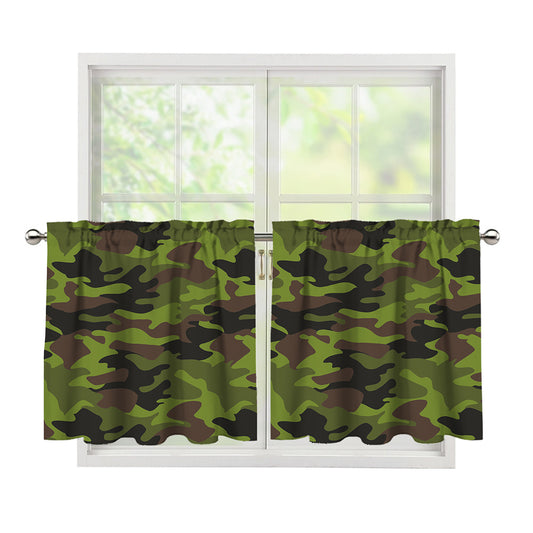 Dark Green And Black Camouflage Print Tier Curtains
