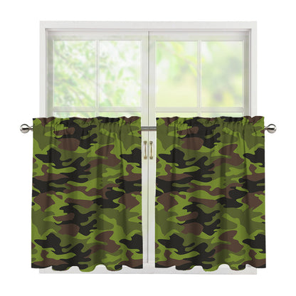Dark Green And Black Camouflage Print Tier Curtains