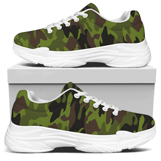 Dark Green And Black Camouflage Print White Chunky Shoes