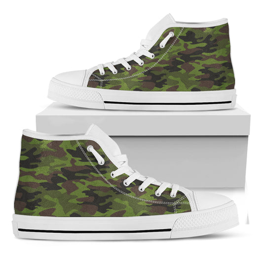 Dark Green And Black Camouflage Print White High Top Sneakers