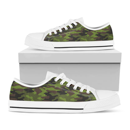 Dark Green And Black Camouflage Print White Low Top Sneakers