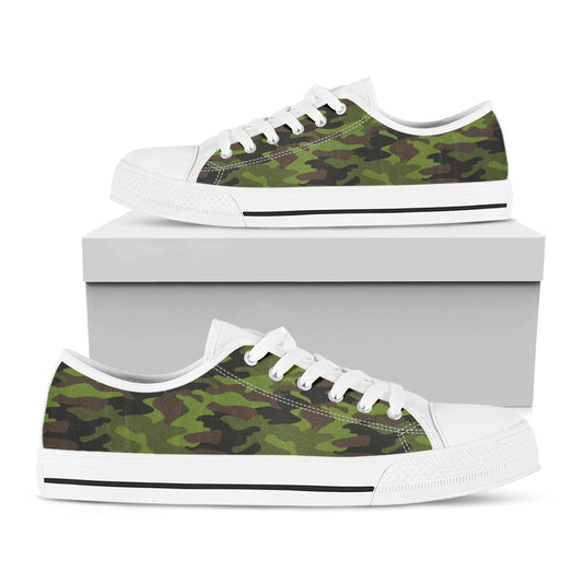 Dark Green And Black Camouflage Print White Low Top Sneakers