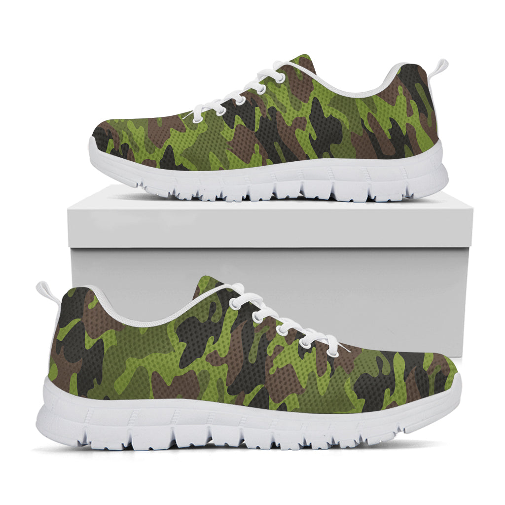 Dark Green And Black Camouflage Print White Running Shoes