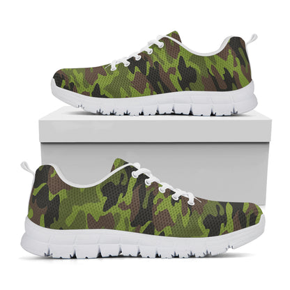Dark Green And Black Camouflage Print White Running Shoes