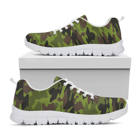 Dark Green And Black Camouflage Print White Running Shoes