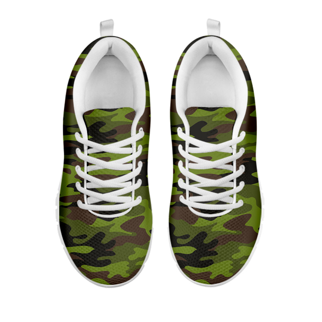 Dark Green And Black Camouflage Print White Running Shoes