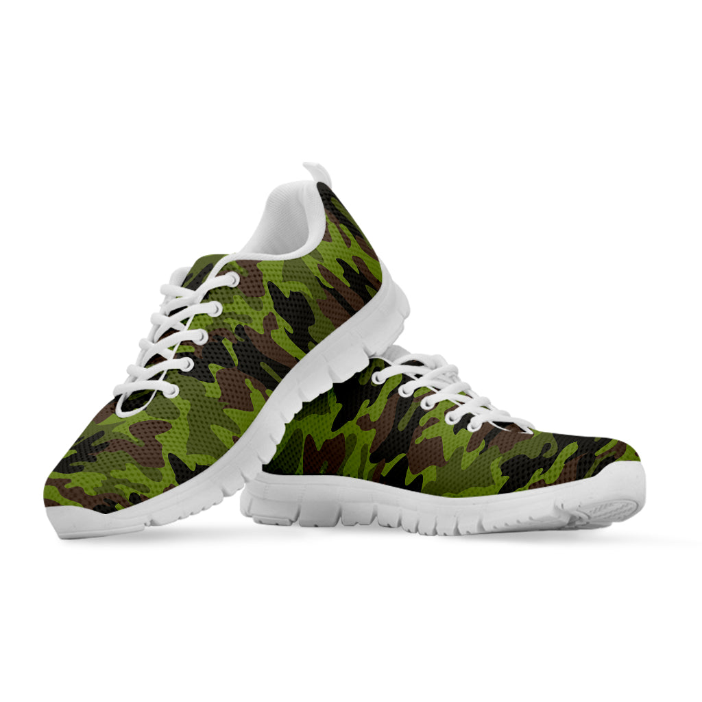 Dark Green And Black Camouflage Print White Running Shoes