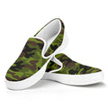 Dark Green And Black Camouflage Print White Slip On Sneakers