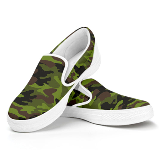 Dark Green And Black Camouflage Print White Slip On Sneakers