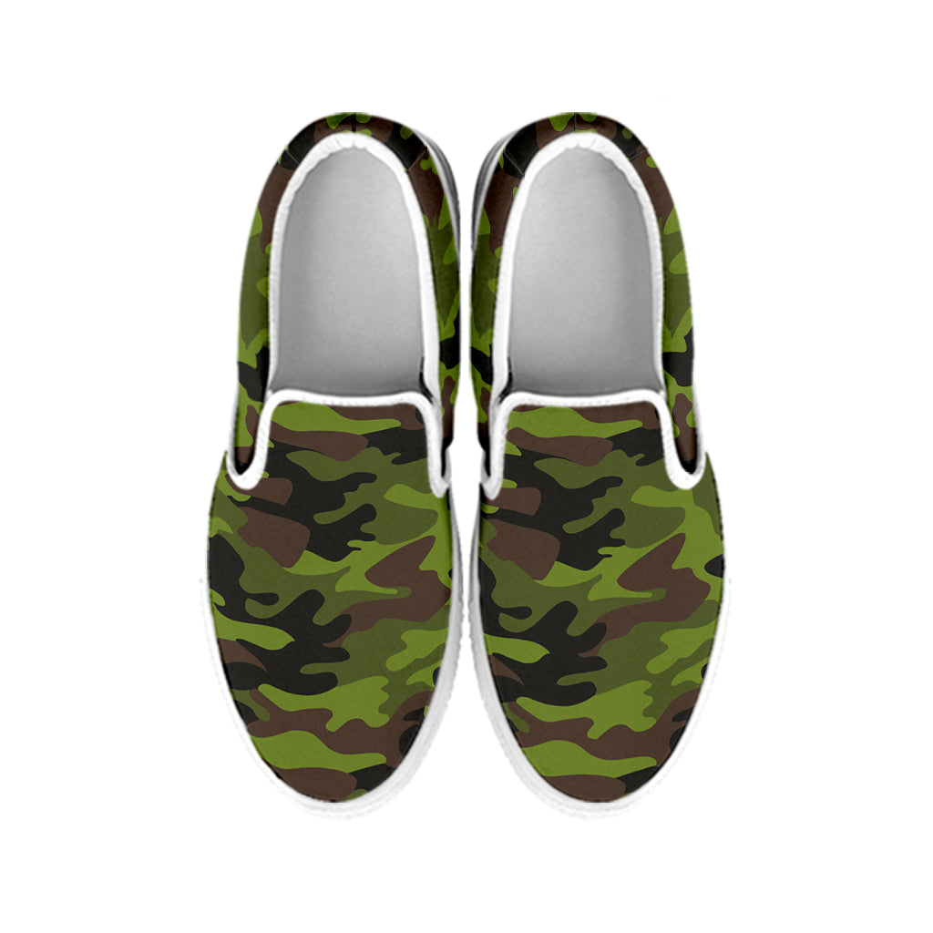 Dark Green And Black Camouflage Print White Slip On Sneakers