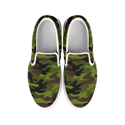 Dark Green And Black Camouflage Print White Slip On Sneakers