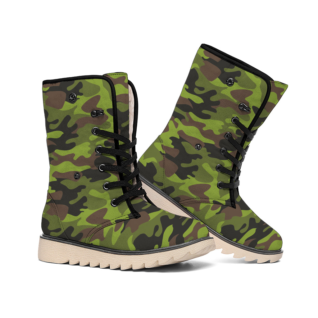 Dark Green And Black Camouflage Print Winter Boots