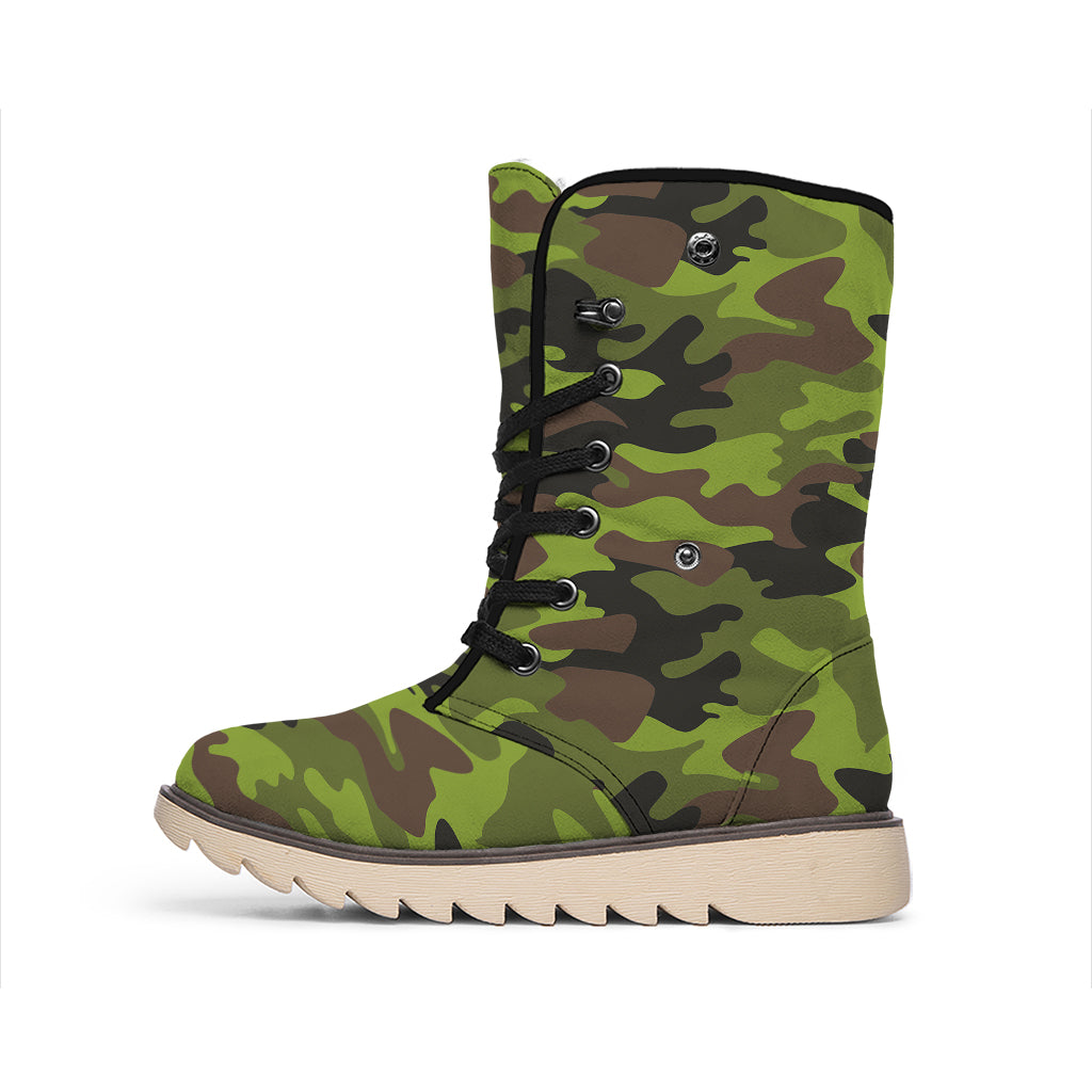 Dark Green And Black Camouflage Print Winter Boots