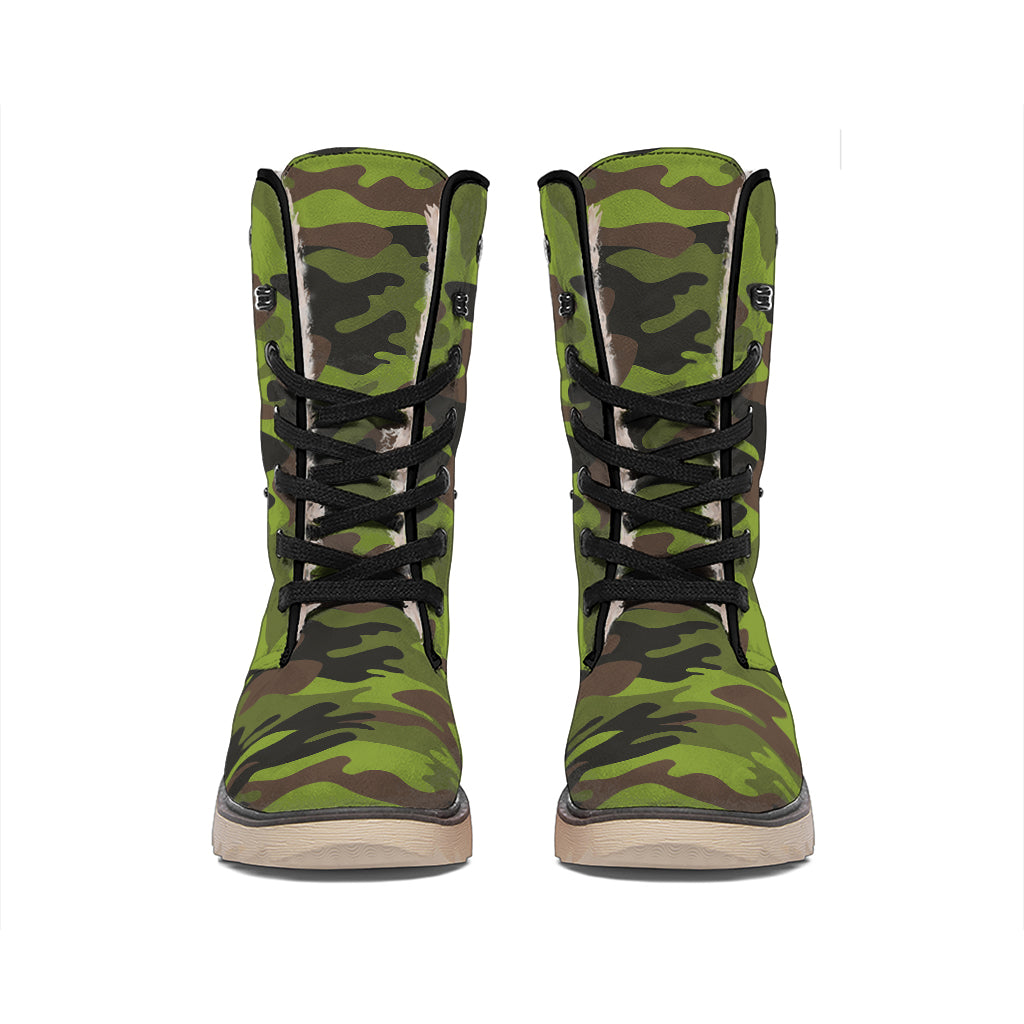 Dark Green And Black Camouflage Print Winter Boots