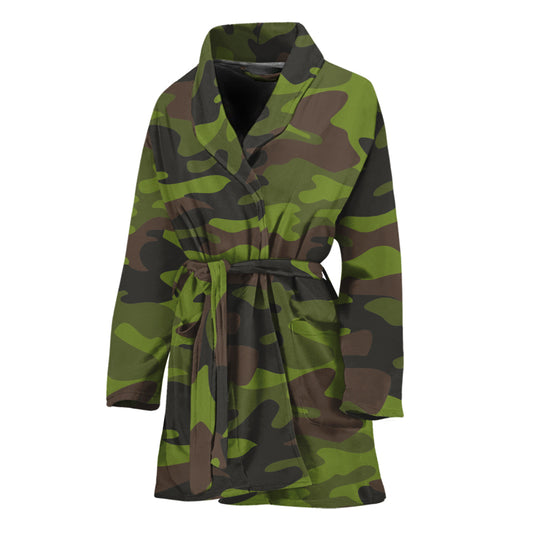 Dark Green And Black Camouflage Print Women's Bathrobe