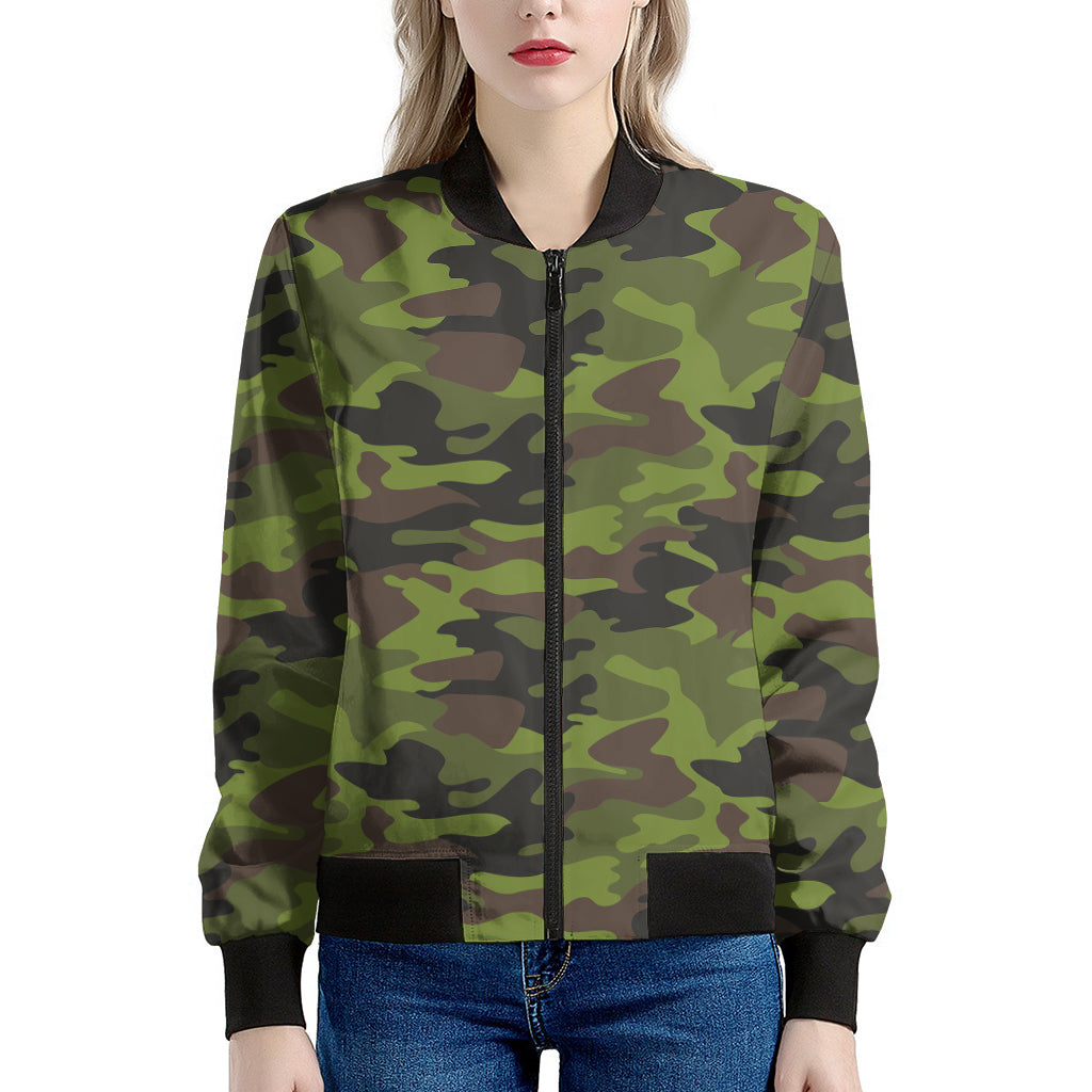 Dark Green And Black Camouflage Print Women's Bomber Jacket
