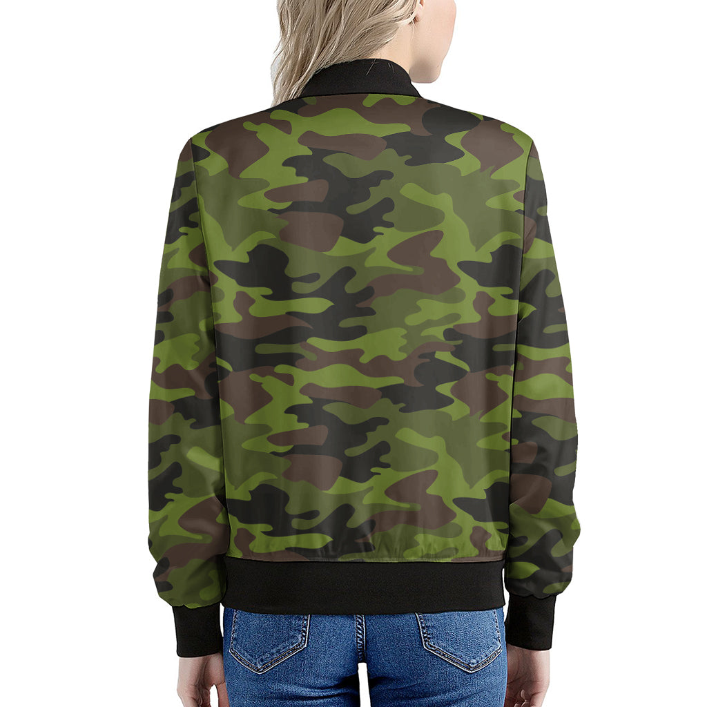 Dark Green And Black Camouflage Print Women's Bomber Jacket