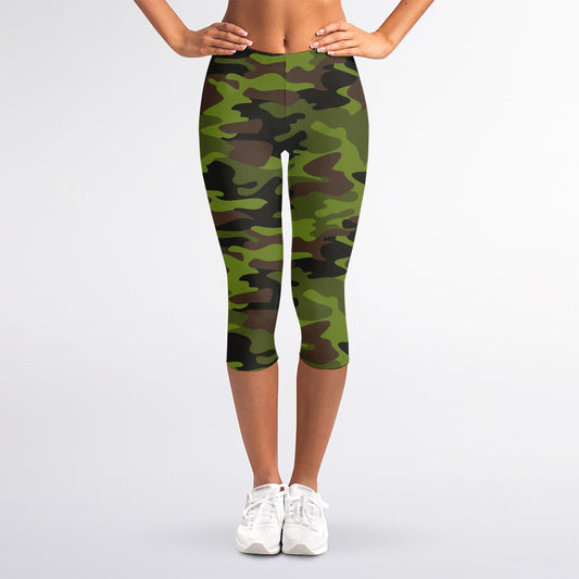 Dark Green And Black Camouflage Print Women's Capri Leggings