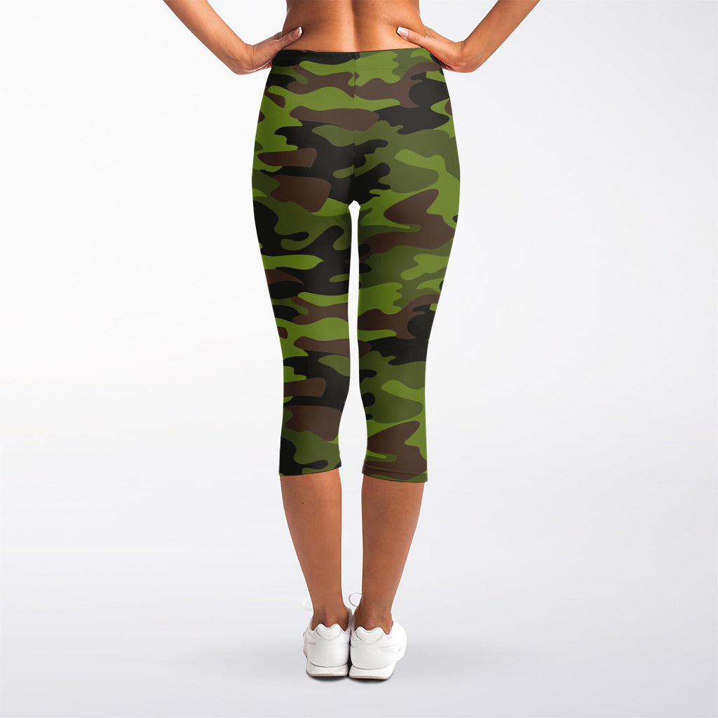Dark Green And Black Camouflage Print Women's Capri Leggings