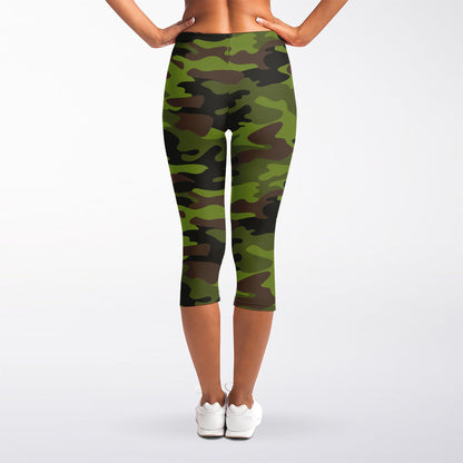 Dark Green And Black Camouflage Print Women's Capri Leggings