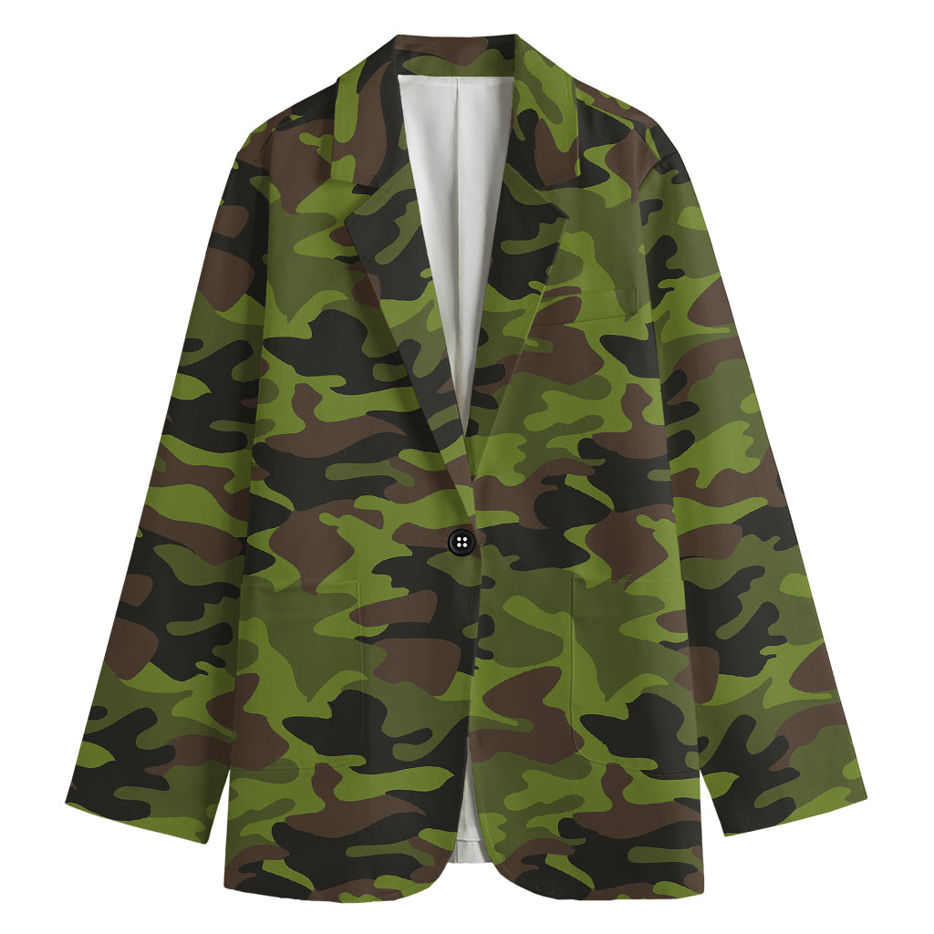 Dark Green And Black Camouflage Print Women's Cotton Blazer