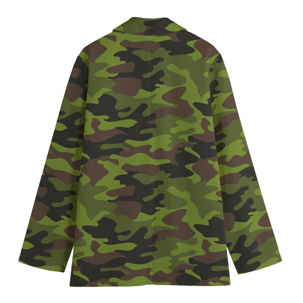 Dark Green And Black Camouflage Print Women's Cotton Blazer