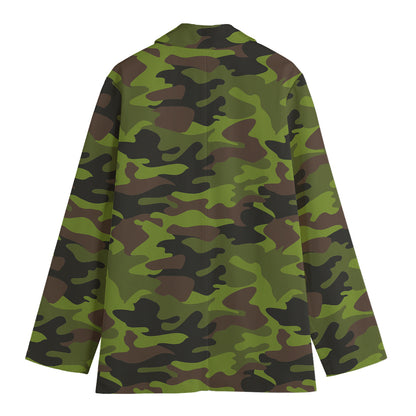 Dark Green And Black Camouflage Print Women's Cotton Blazer