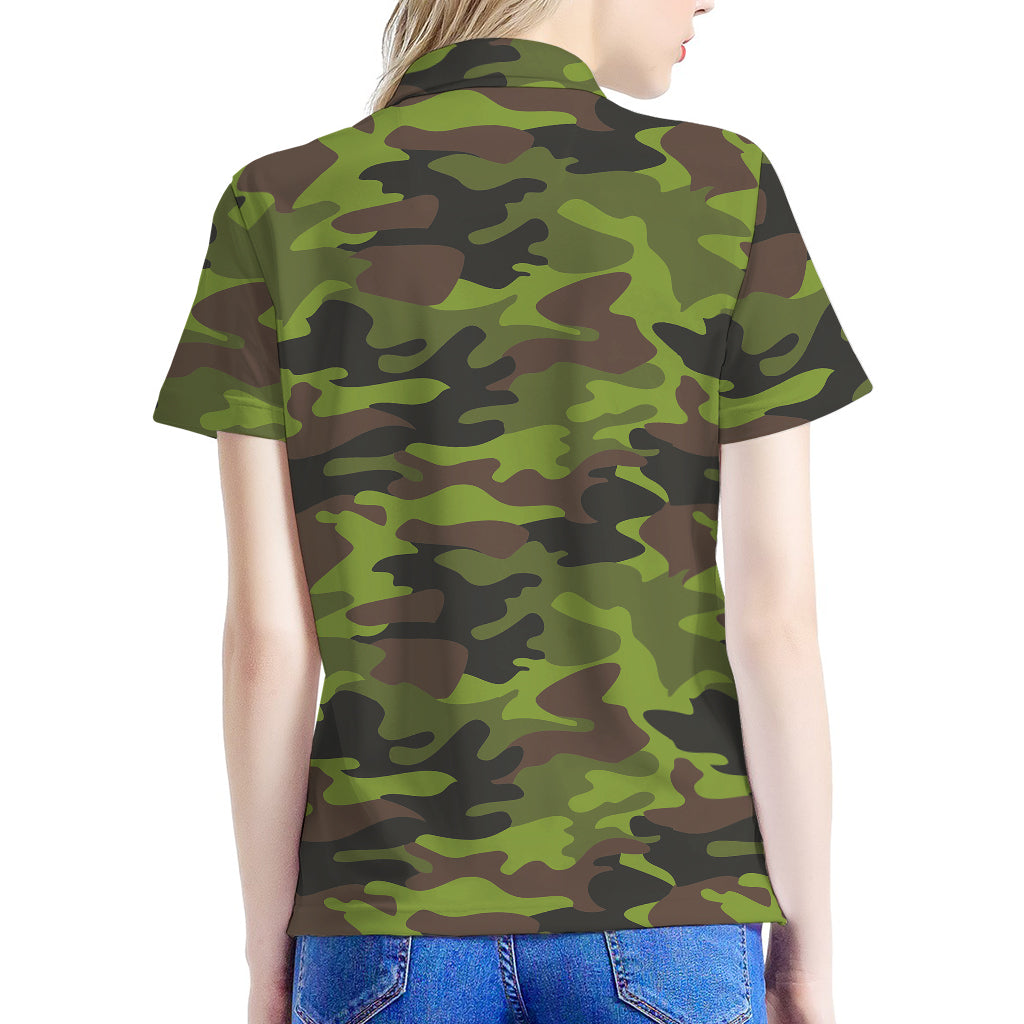 Dark Green And Black Camouflage Print Women's Polo Shirt