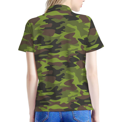 Dark Green And Black Camouflage Print Women's Polo Shirt