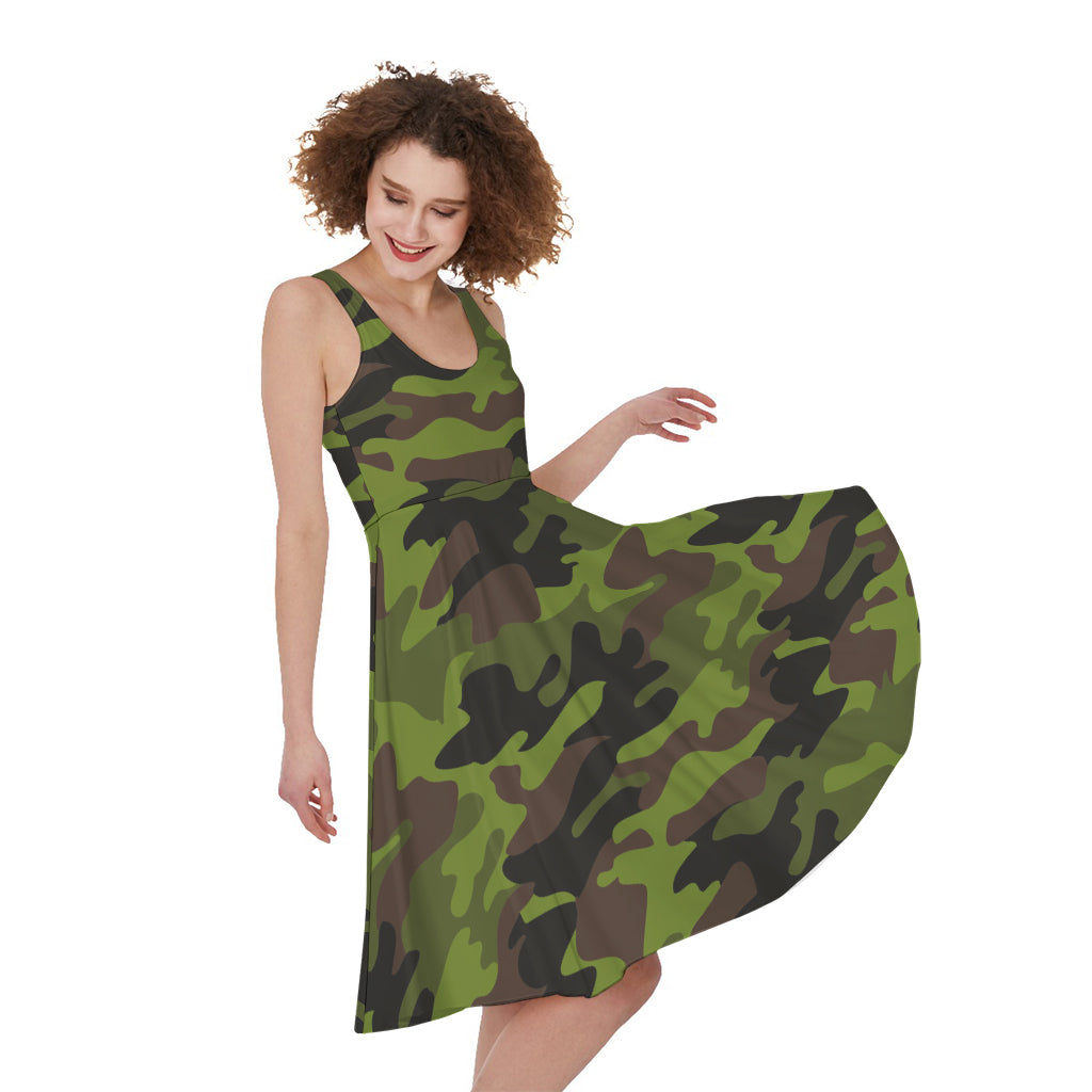 Dark Green And Black Camouflage Print Women's Sleeveless Dress