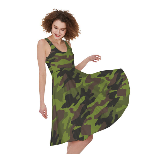 Dark Green And Black Camouflage Print Women's Sleeveless Dress