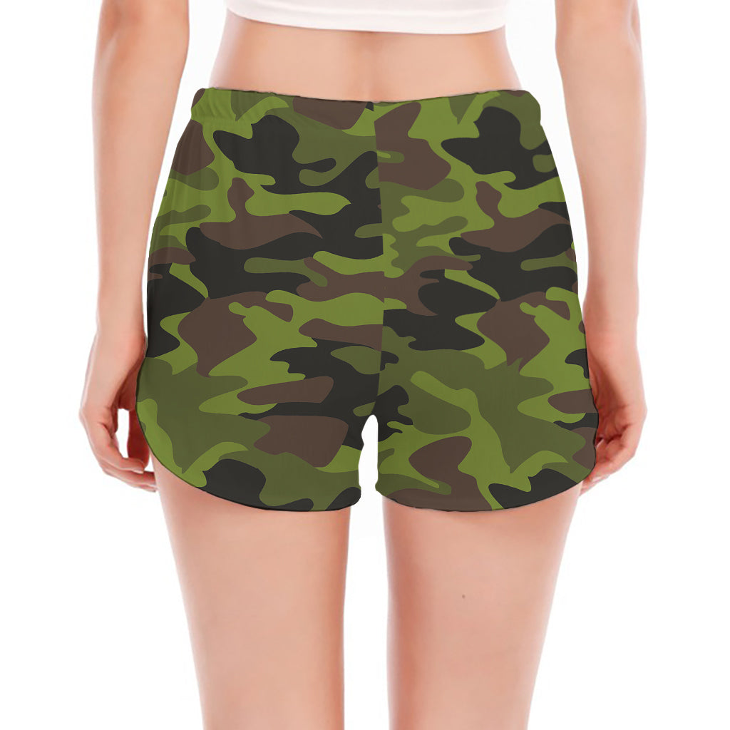 Dark Green And Black Camouflage Print Women's Split Running Shorts