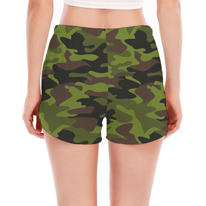 Dark Green And Black Camouflage Print Women's Split Running Shorts