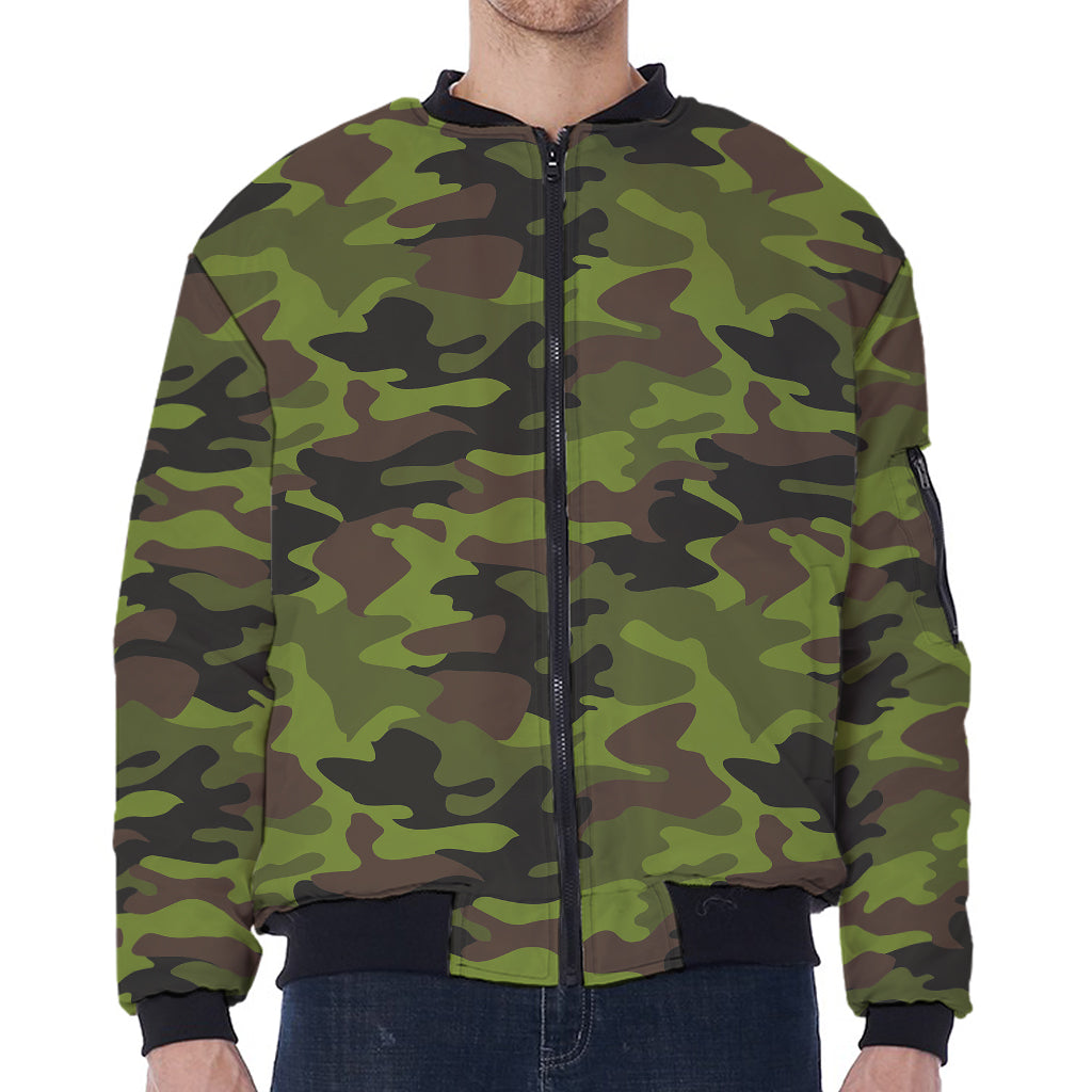 Dark Green And Black Camouflage Print Zip Sleeve Bomber Jacket